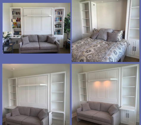 Accent Woodworking Inc. - Largo, FL. Shaker Queen Sofa Murphy Wall Bed with 3 Shaker Panels, Flat Trim, 12" Lighted Shelf Leg and Side Pier Cabinets shown in Snowbound on Maple