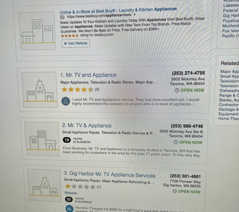 Mr. TV and Appliance - Tacoma, WA. Obviously bogus reviews on yp