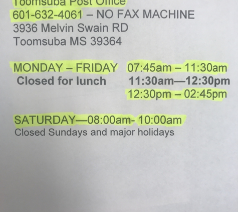 United States Postal Service - Toomsuba, MS. Actual business hours