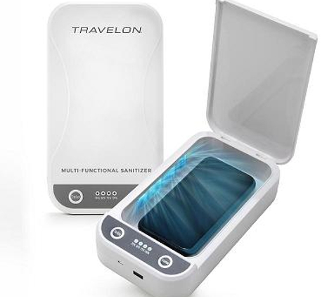 Square Luggage Inc. - Morristown, NJ. Travelon Portable UV Sanitizer Box - White for Phones, glasses, keys and more. UBS cable included.