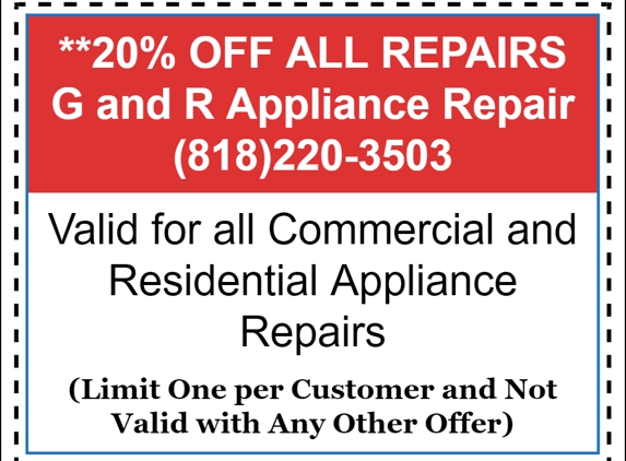 G and R Appliance Repair - Glendale, CA. Get 20%off all your Repairs. Call (818)220-3503