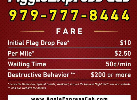 AggieExpress Cab Taxi Service - College Station, TX. Fares