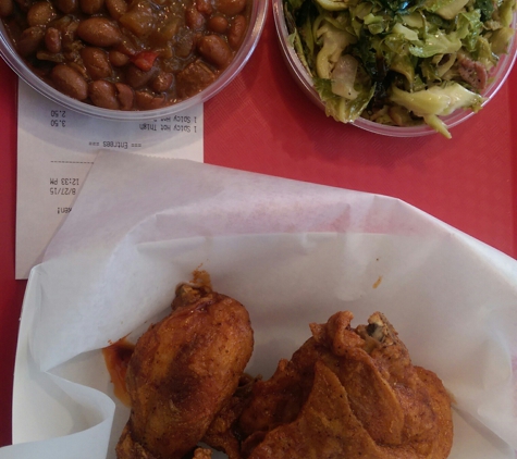 Major Dave's Chicken - Pasadena, CA. spicy chicken with Brussels sprouts and bourbon baked beans