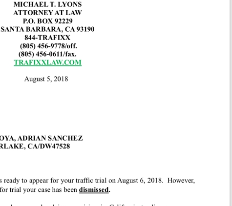 A Traffic Ticket Defense Attorneys California & Nationwide. Here’s the prove, screenshot picture Michael telling me the big news, (DISMISSED)����