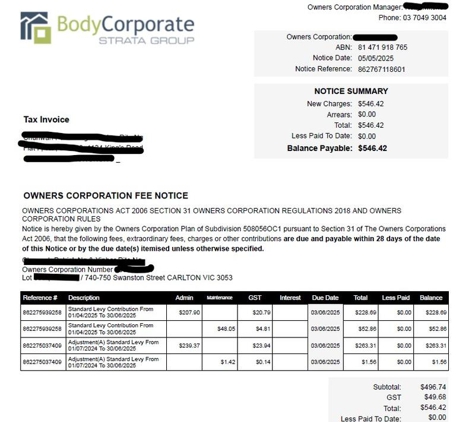 Body Corporate Strata Group - Hawthorn, VIC. BCSG Strata Management - OC1 Levy