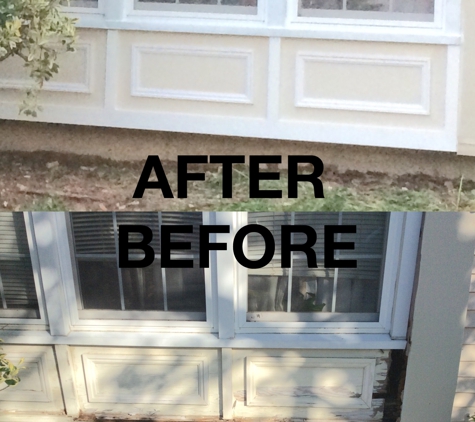Mr. Handyman of Ft. Washington and Clinton - Brandywine, MD. Wood rot repair underneath an exterior window before and after.