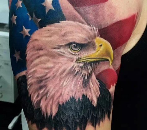 7 Train Tattoo Studio Inc. - Flushing, NY. Realistic eagle tattoo # Amrecan eagle and flag tattoo