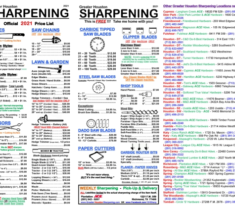 Plantation True Value Hardware - Richmond, TX. GreaterHoustonSharpening.com - See our 2021 pricing of over 100+ items for our WEEKLY sharpening services.  Keep a copy of this image.