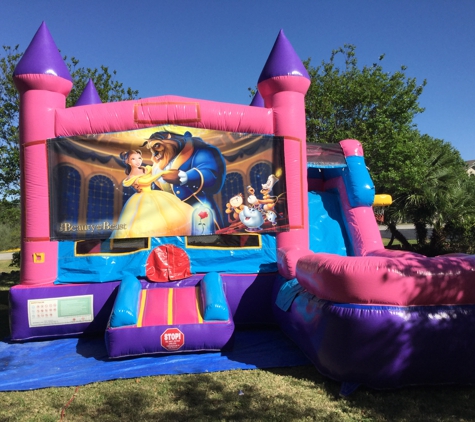 Bounce 4Fun Party Rentals. Beauty and the Beast pink 5 in 1 wet/dry castle slide combo