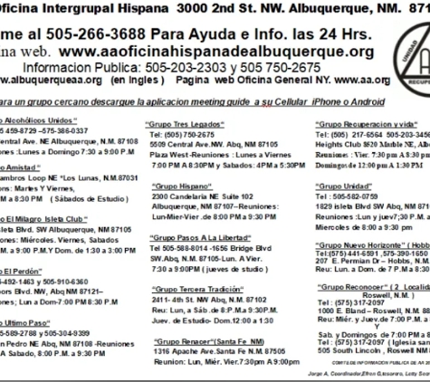 Oficina Intergrupal Hispana de Albuquerque - Albuquerque, NM. GRUPOS DEL AREA