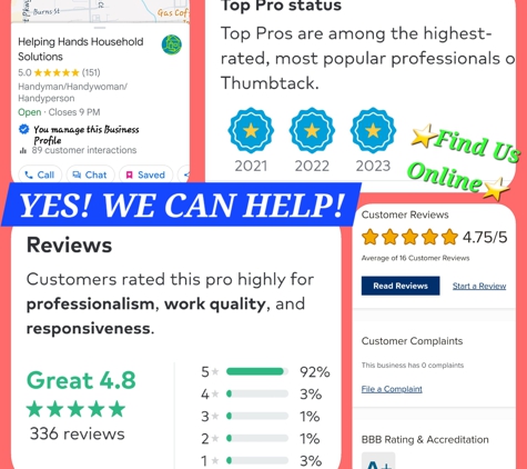 Helping Hands Household Solutions - Cave Creek, AZ. We have a Perfect 5-Star Rating on Google, & we're Thumbtack Top Pros (2021-2023); with an A+ BBB Rating & NO Complaints EVER
