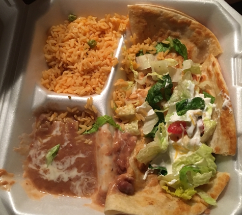 Enchiladas - Brooksville, FL. Supposed to be dinner portion for over $12. Three slices of skinny quasadia, not a full portion of beans. Don’t do carry out there. Taco Bell would fill you up for half the price!