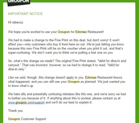 Edomae Sushi & Hibatchi Grill - Charlotte, NC. Email I showed the manager