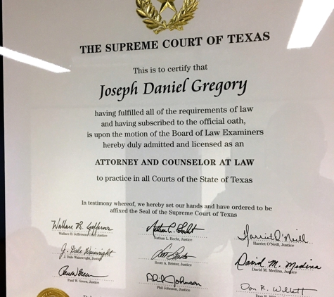 Law Office J Daniel Gregory PC - Fort Worth, TX. Texas Law License