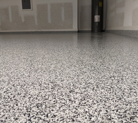 Best Coatings - jax, FL. Poly aspartic,Domino is the chip color,by Best coatings Decorative concrete resurfacing.