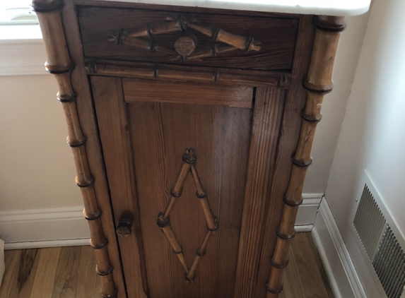 A Backward Glance - Toms River, NJ. 19th century 4 piece faux bamboo bedroom set. Carrara marble tops dresser, nitestands. Beveled mirror on armoire door . Off now for display.