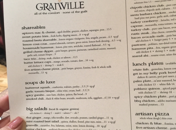 Granville Cafe - Burbank, CA. Lunch menu. I had the spinach salad with fruit-small portion for a lunch size salad.