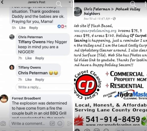 Cp Carpet Cleaning. His facebook post using racist language