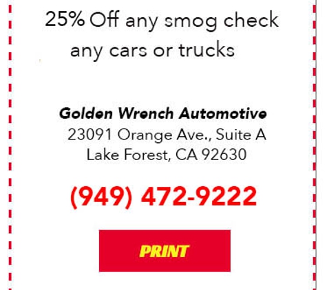 Auto Smog Test Ctr At Golden wrench automotive - Lake Forest, CA. Smog Check Coupon Lake Forest, Ca