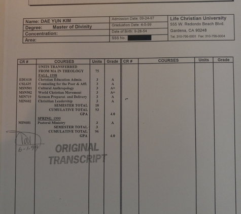 Bible Baptist Church - Gardena, CA. Dae Yun Kim: Master Of Divinity Transcript