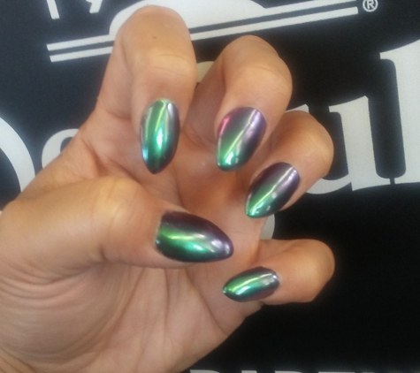 Q Angel Nail & Spa - Wilmington, CA. Holographic nails. Mermaid, peacock, & Japanese beetles.