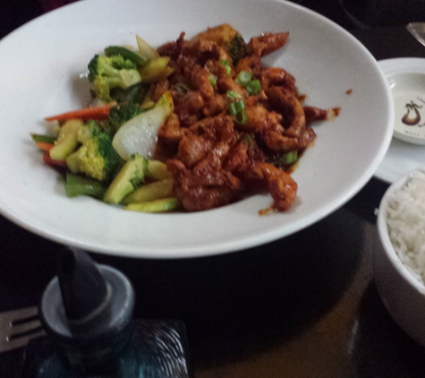 Genki Restaurant - Atlanta, GA. Chinese spicy pork, steamed vegetables, and steam white rice.