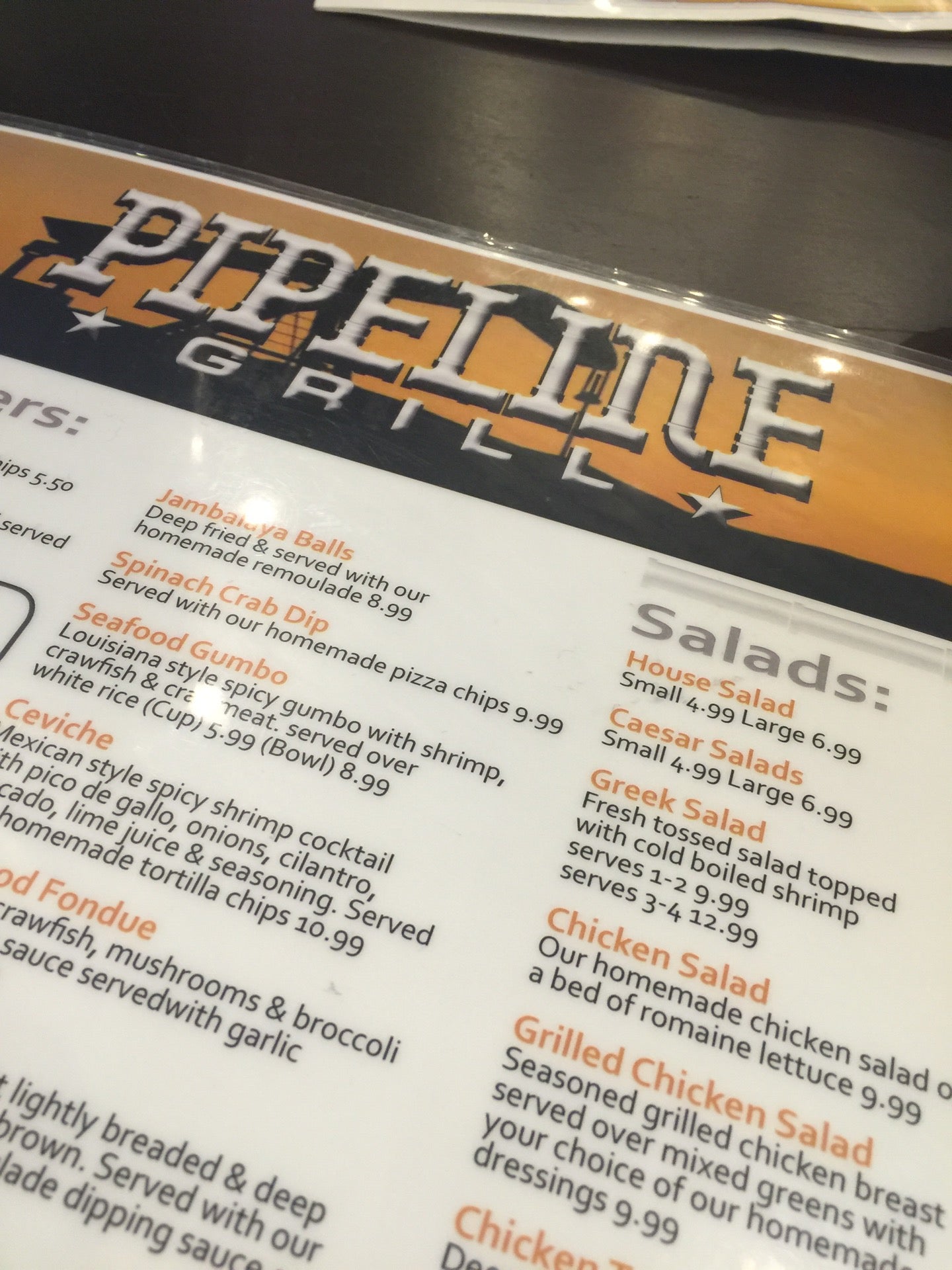 Pipeline grill menu