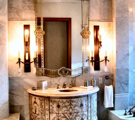 Integral Design Interiors - New Hope, PA. Furniture style bathroom vanity, lighting and backsplash