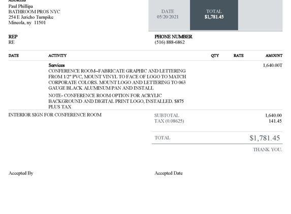 ARIC SIGNS & Awnings - Hempstead, NY. Actual invoice paid with sign description stating painted Black background aluminum pan.