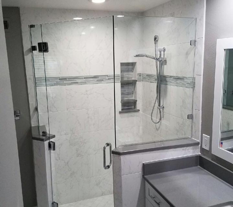 Gulfside Glass Inc - Tarpon Springs, FL. Custom Frameless Shower, Door Hinged off Panel & Knee Wall, Panels set with Clips