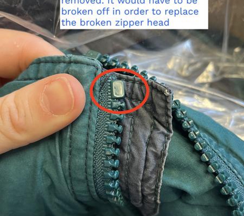 Synergy Dry Cleaning & Laundry Services - Wollongong, NSW. This part of the zip would also need replacing, they did not provide a replacement piece.