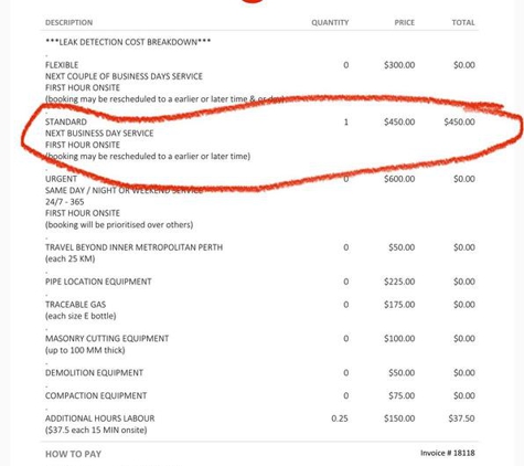 Hydrosonic Leak Detection Service - Kingsley, WA. The invoice - showing that he had charged me the wrong rate