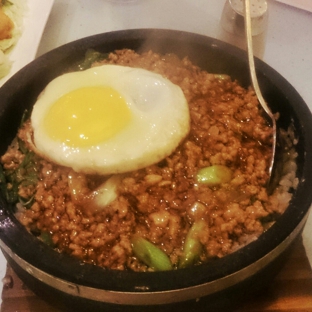 Younique Cafe - Monterey Park, CA. Hot stone rice with ground pork, salted fish and sunny side up