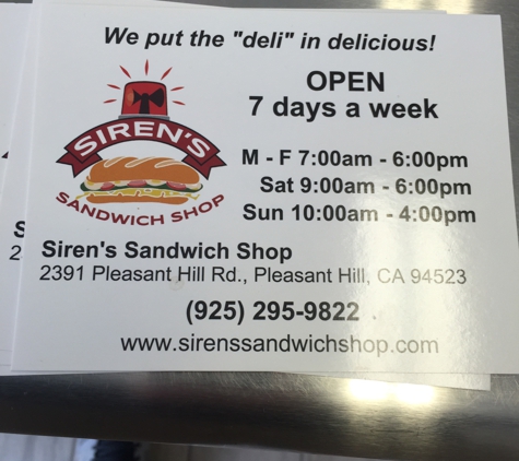 Sirens Sandwich Shop - Pleasant Hill, CA. Hours
