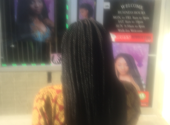 Suzane's African Hair Braiding - Aurora, CO. Finished product. It's not very clear due to sun glare, but she is a genius. Worth every penny.