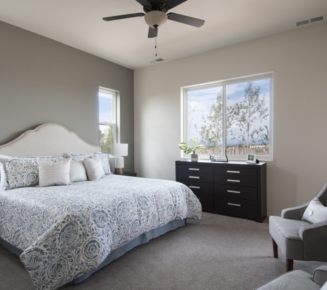 DeMarais Home Staging + Design. Master Bedroom
staged using complimentary colors while pulling nature indoors.