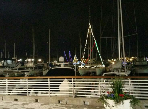 Jack London Square - Oakland, CA. The boats are decorated with lights around Christmas time.