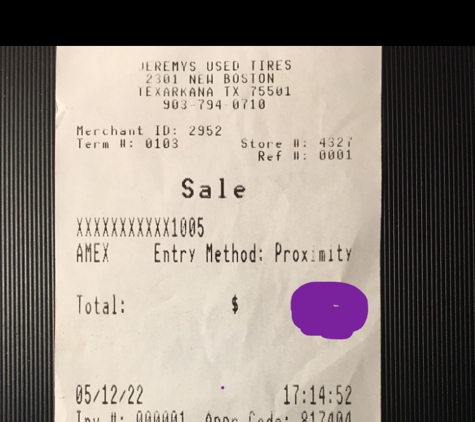 Jeremy Used Tires - Texarkana, TX. Receipt for payment