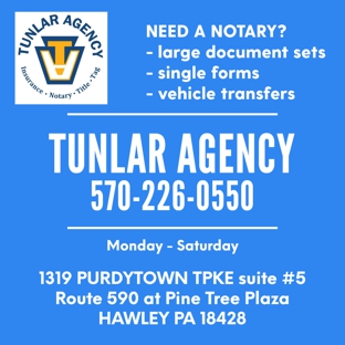 Tunlar Agency - Hawley, PA. Notary, Title & Tag Services, Insurance