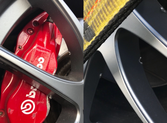 Reglo Paint & Body Shop - Miami, FL. Both front wheels are ruined because they put them on and drove it! How do you not see the brakes touching the wheel when you put it all on?