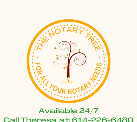 The Notary Tree - Columbus, OH. Pen tree logo inside a circle that's made to look like a notary seal or stamp. It says for all your notary needs around the inside.