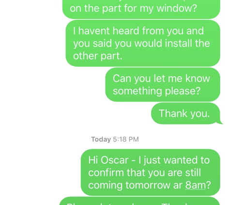 Oscar's Auto Glass - Culver City, CA. Text message chain of him going ghost and not fixing my window. (2/2)