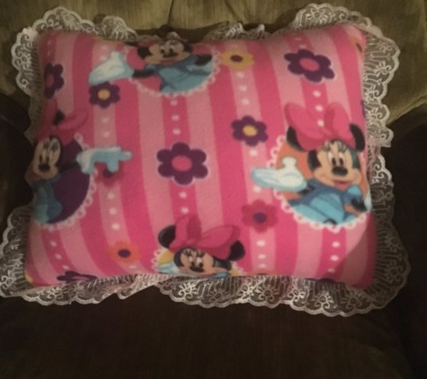 Theresa's Comfy Pillows & More - Kennett, MO. Minnie Mouse fleece pillow with lace trim