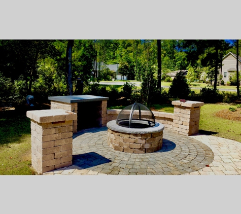 Yardscapes Landscaping and Hardscapes - New Bern, NC. Paver Patio, Fire Pit, Columns, Sitting Walls, and Firewood Storage