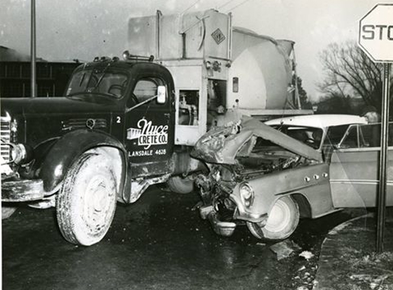 NYCE Crete - Lansdale, PA. it’s never a good idea to tangle with a concrete truck as this unfortunate mid-50s Buick did at the corner of W Main St. & Valley Forge Rd.