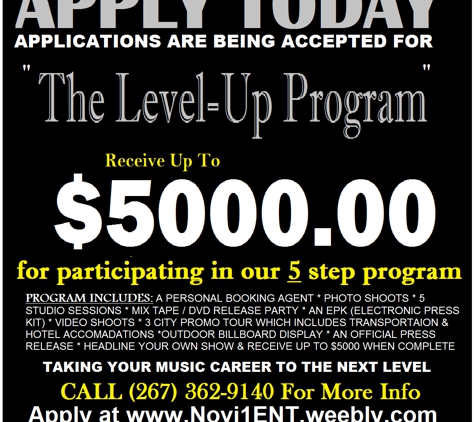 Novi1Entertainment - Philadelphia, PA. THE LEVEL UP PROGRAM FOR ARTIST, COMEDIANS, MODELS, POETS