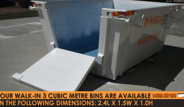 B -Neeta Skip Bins - Warragul, VIC. Our Walk-In 3 Cubic Metre Bins Are Available In The Following Dimensions: 2.4L X 1.5W X 1.0H