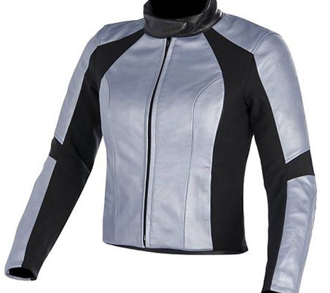 Sports Jackets Unlimited - Whittier, CA. Gray & black colour ladies jacket.made with cowhide leather.original ykk zippers.polyester inner lining & inside a storage pocket.