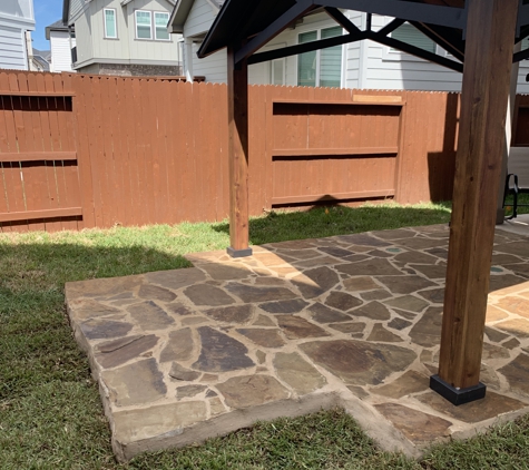 mccain enterprise landscaping services - San Antonio, TX. Oklahoma flagstone patio with Bbq extension.