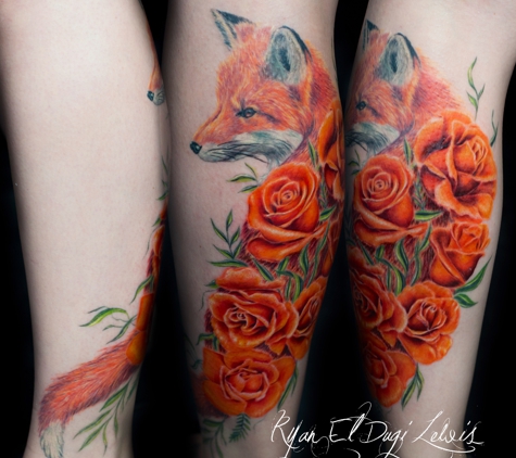 White Buffalo Gallery - Sacramento, CA. Fox and roses  tattoo by Ryan El Dugi Lewis Sacramento CA @el_dugi